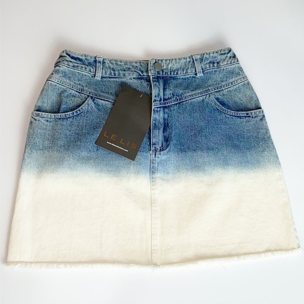 LE LIS Blue White Ombré Distressed Trim Fringe Skirt - Size S